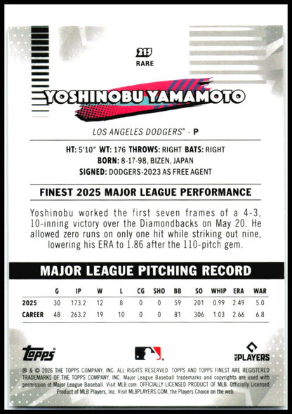 2026 Topps Finest Rare ##213 Yoshinobu Yamamoto Dodgers