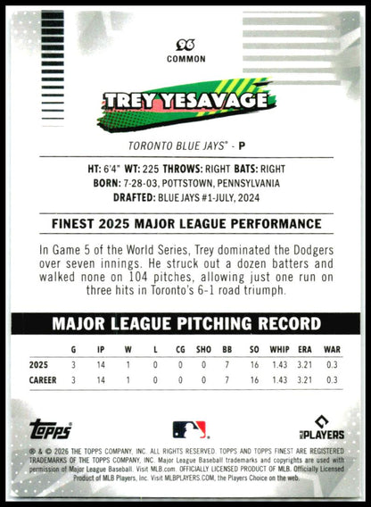 2026 Finest Mini-Diamond Refractors #96 Trey Yesavage RC Toronto Blue Jays