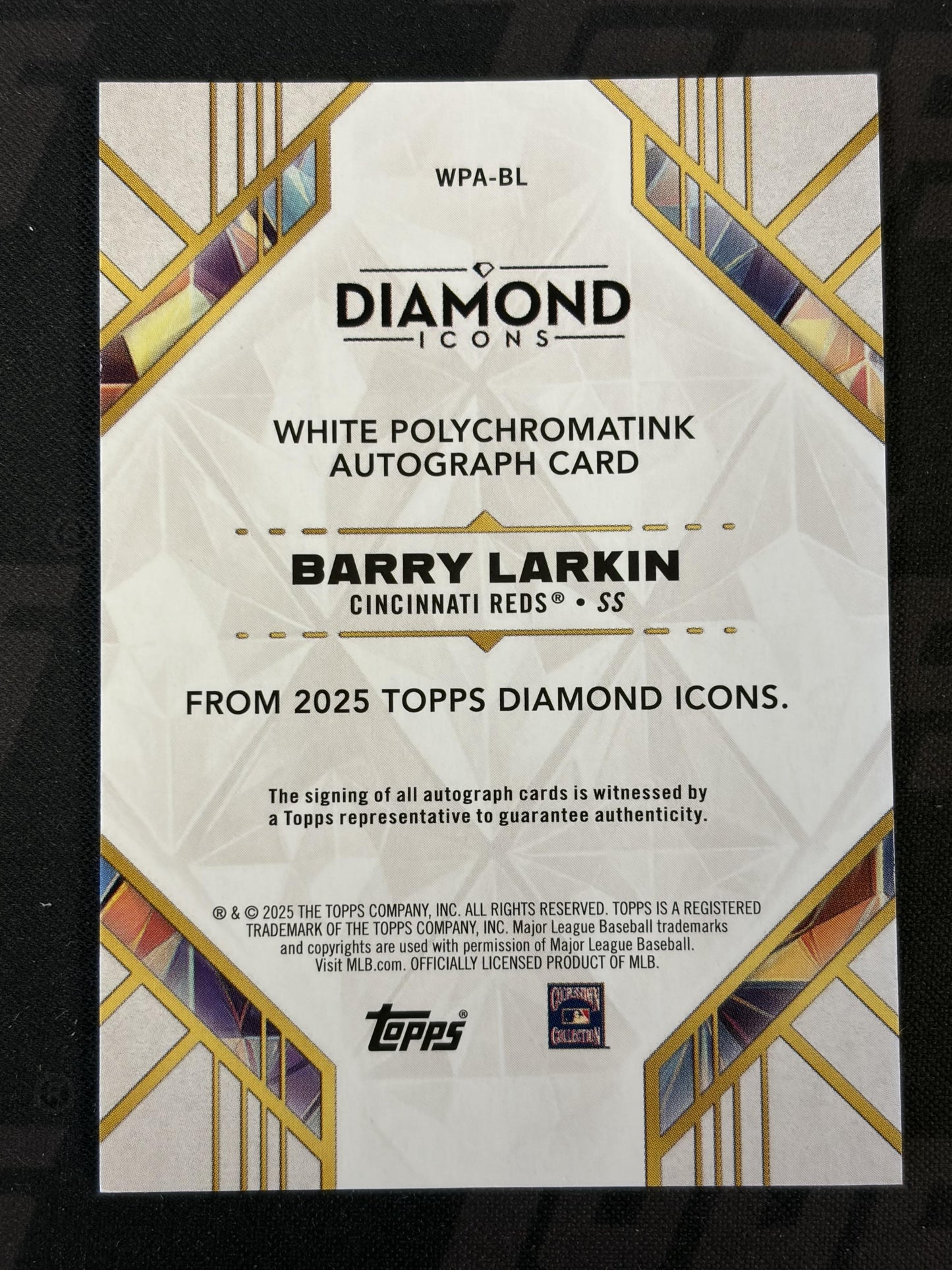 2025 Topps Diamond Icon White PolychromatINK Auto Purple /15 # Barry Larkin Reds