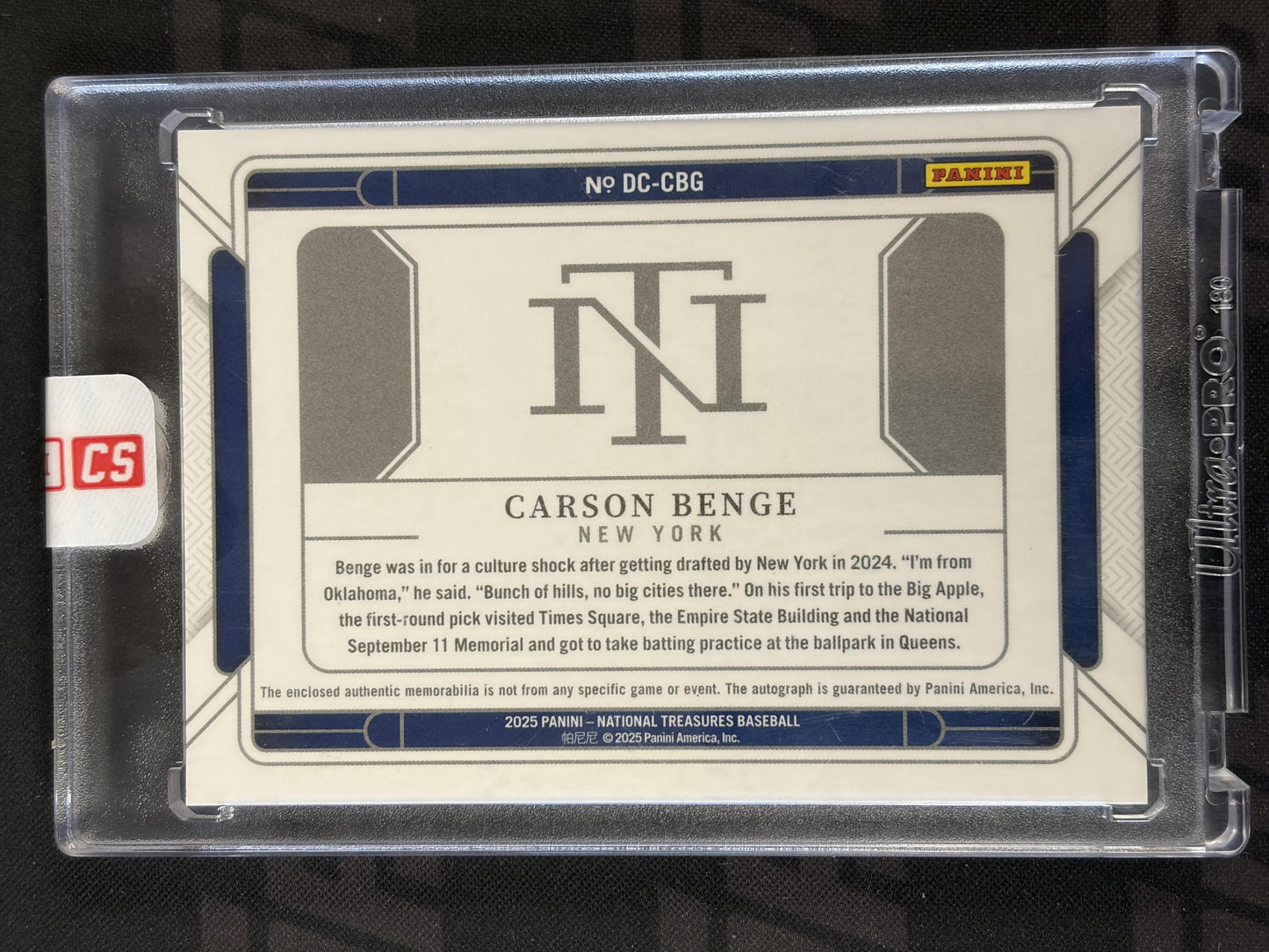 2025 Panini National Treasures Die Cut Relic Auto /49 #DC-CBG Carson Benge Mets