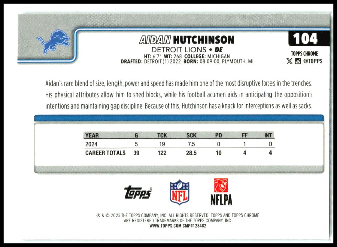 2025 Topps Chrome Lightboard Logo #104 Aidan Hutchinson Detroit Lions