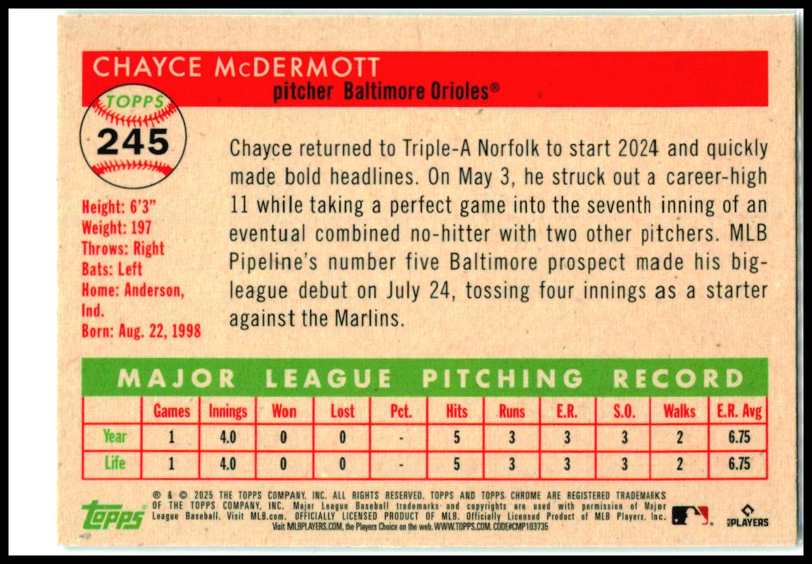 2025 Topps Chrome Platinum Green Wave #245 Chayce McDermott RC Orioles