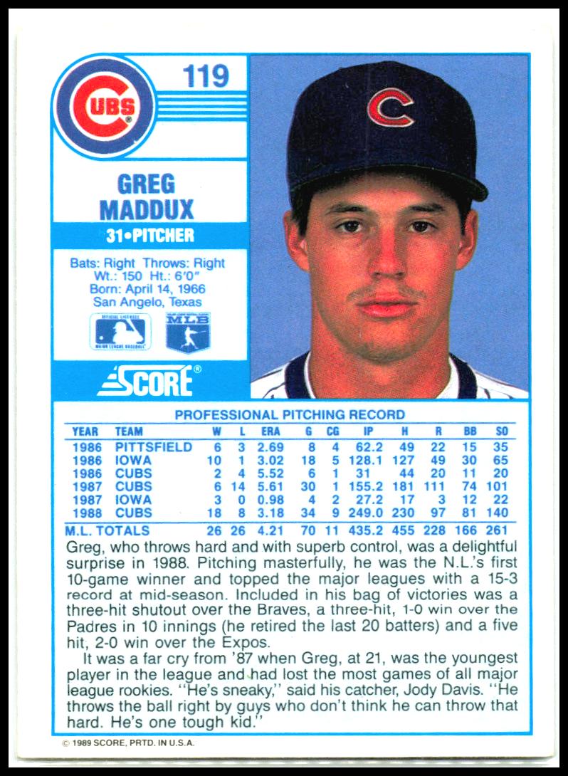 1989 Score #119 Greg Maddux Chicago Cubs