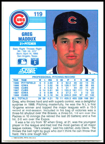 1989 Score #119 Greg Maddux Chicago Cubs