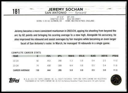 2024-25 Topps Chrome Topps Green Refractor #181 Jeremy Sochan San Antonio Spurs