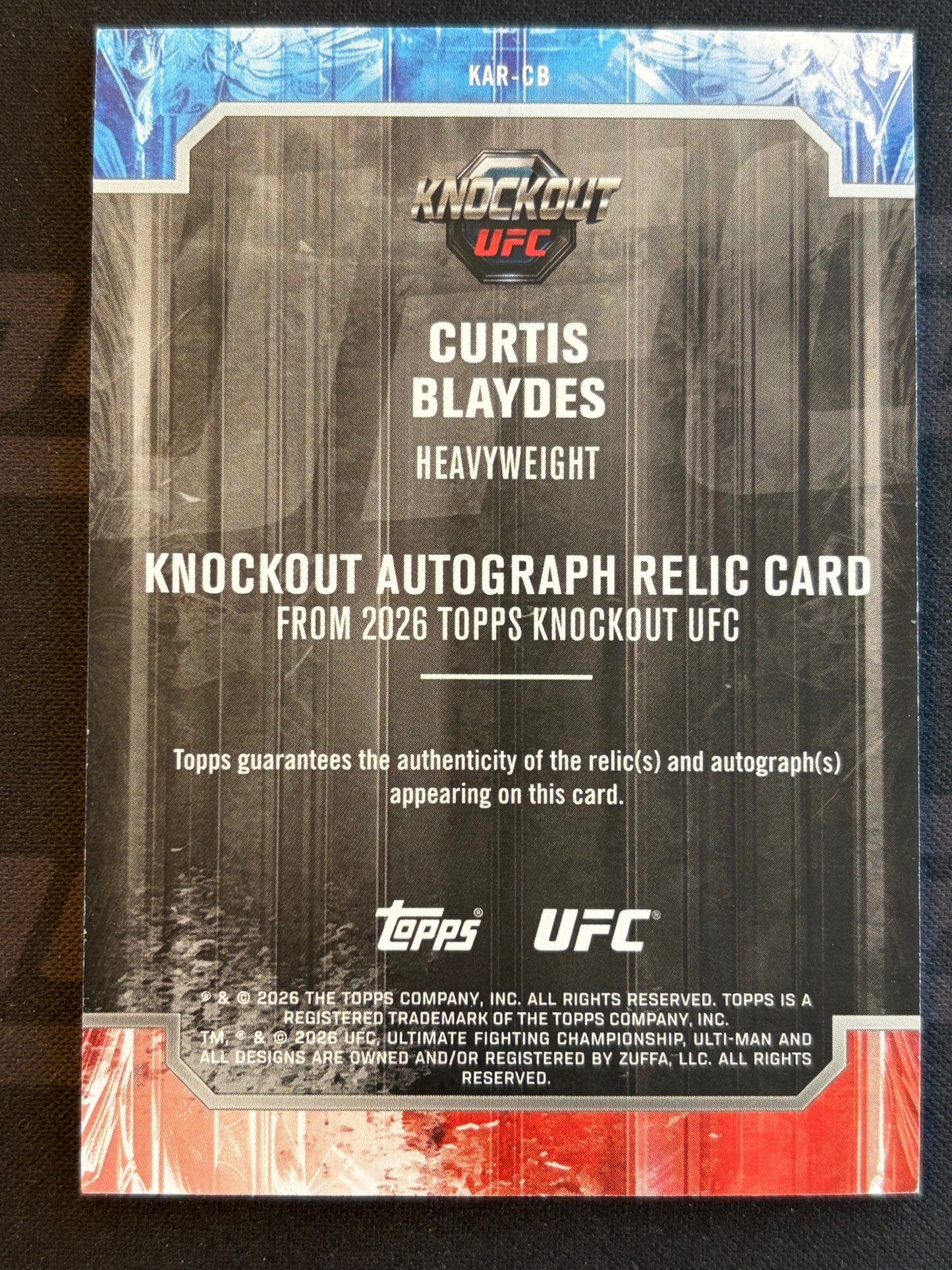 2026 Topps Knockout UFC Knockout Autograph Relics #KAR-CB Curtis Blaydes #/299