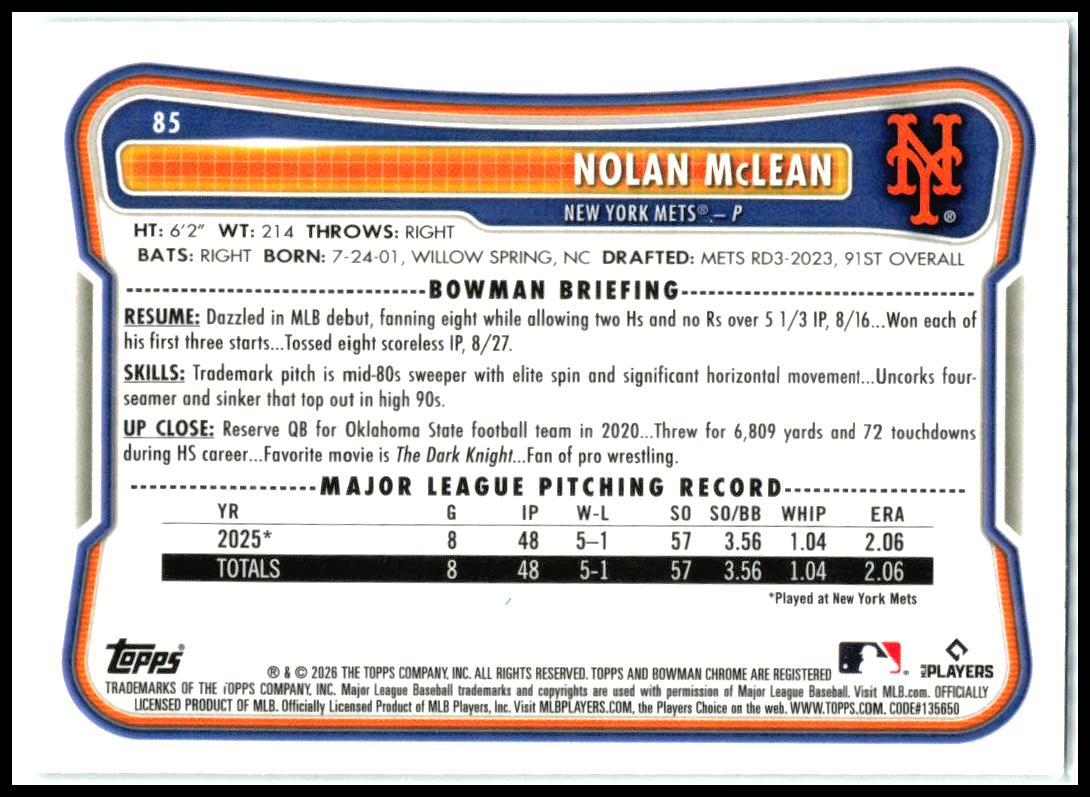 2026 Bowman Chrome Red RC #85 Nolan McLean Mets