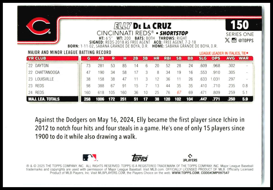 2025 Topps #150 Elly De La Cruz Cincinnati Reds