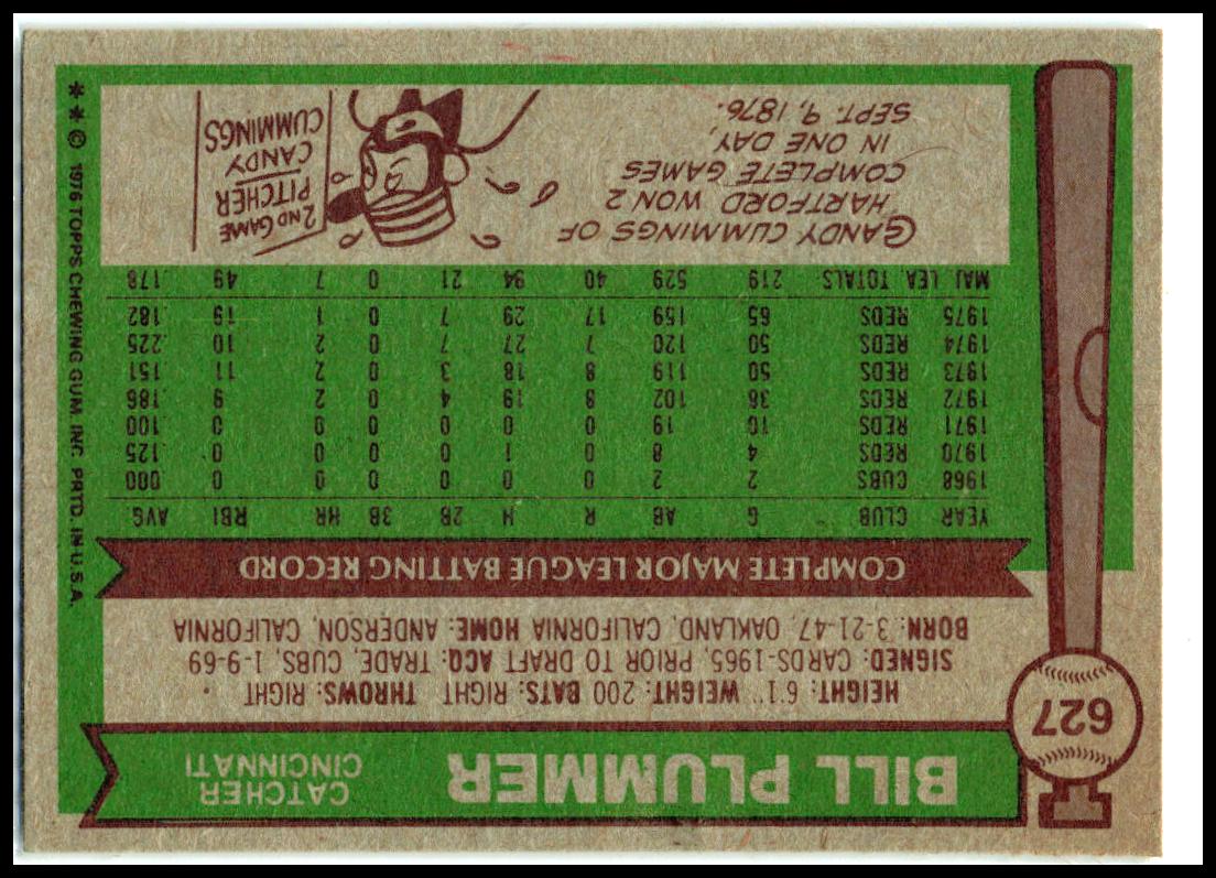 1976 Topps #627 Bill Plummer Cincinnati Reds