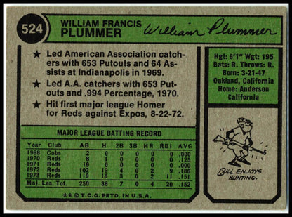 1974 Topps #524 Bill Plummer Cincinnati Reds