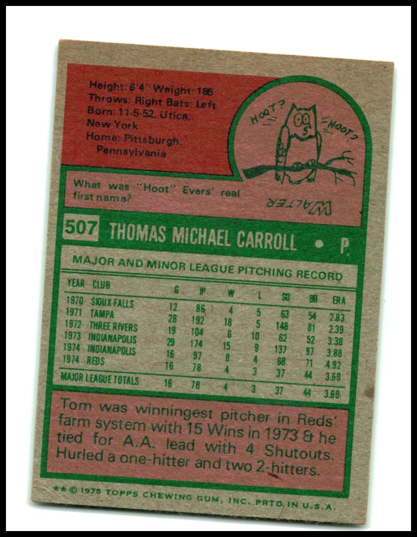 1975 Topps Mini #507 Tom Carroll RC Cincinnati Reds