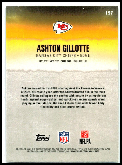 2025 Topps Signature Class Teal #197 Ashton Gillotte RC #/225 Kansas City Chiefs