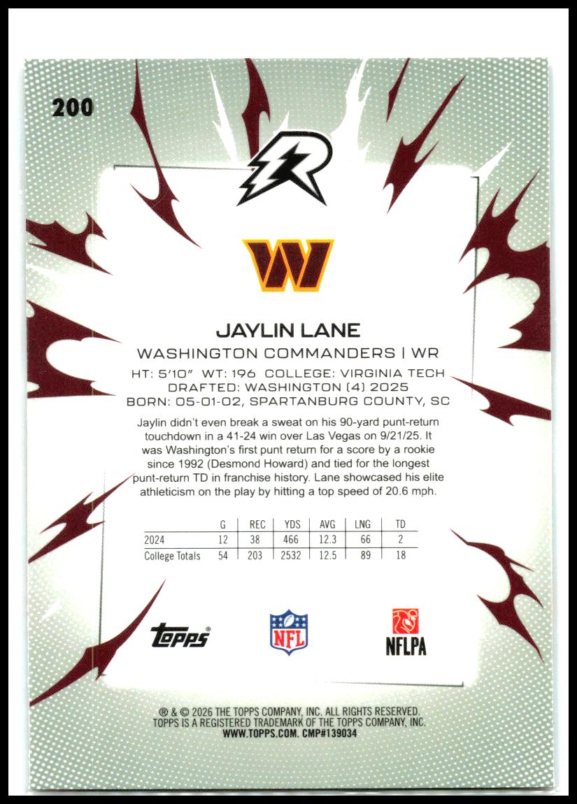 2025 Topps Resurgence Sky Blue & Pink Shock #200 Jaylin Lane RC Washington