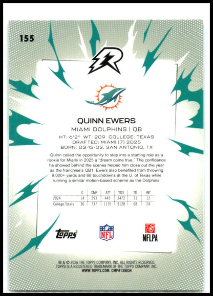 2025 Topps Resurgence Sky Blue & Pink Shock Refractor #155 Quinn Ewers RC Miami