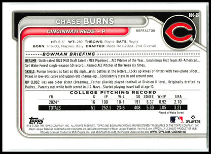 2024 Bowman Draft Chrome Refractor #BDC-55 Chase Burns Cincinnati Reds