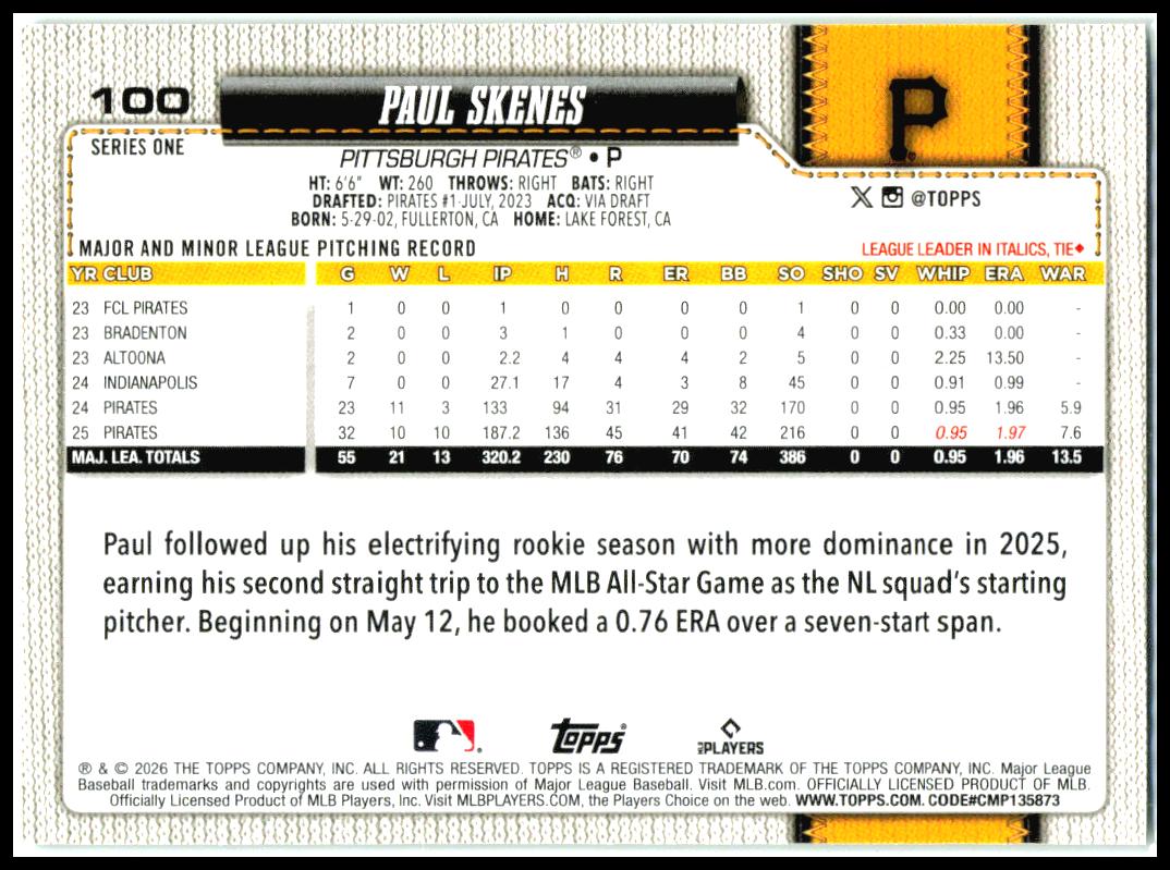 2026 Topps Holiday #100 Paul Skenes Pittsburgh Pirates