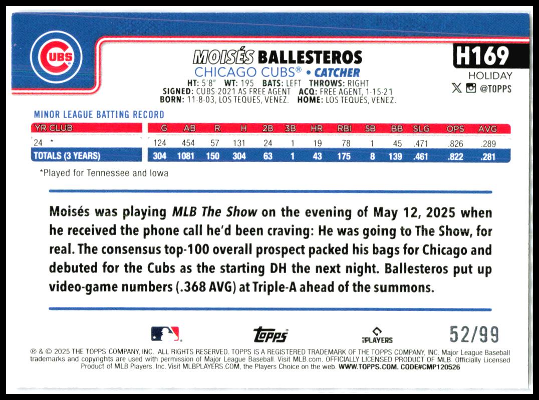 2025 Topps Holiday Purple Glitter Holiday #H169 Moisés Ballesteros RC Cubs