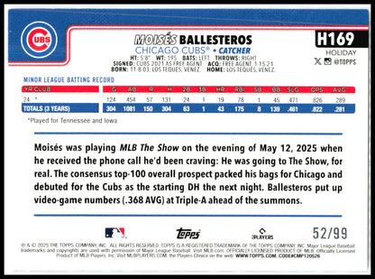 2025 Topps Holiday Purple Glitter Holiday #H169 Moisés Ballesteros RC Cubs