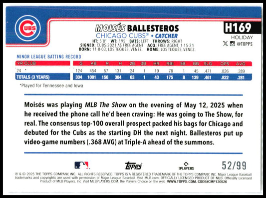 2025 Topps Holiday Purple Glitter Holiday #H169 Moisés Ballesteros RC Cubs