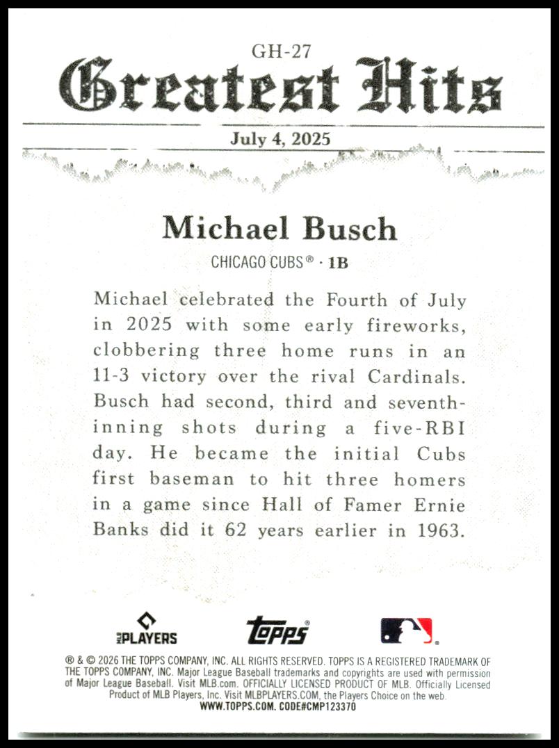 2026 Topps 2025 Greatest Hits #GH-27 Michael Busch Chicago Cubs