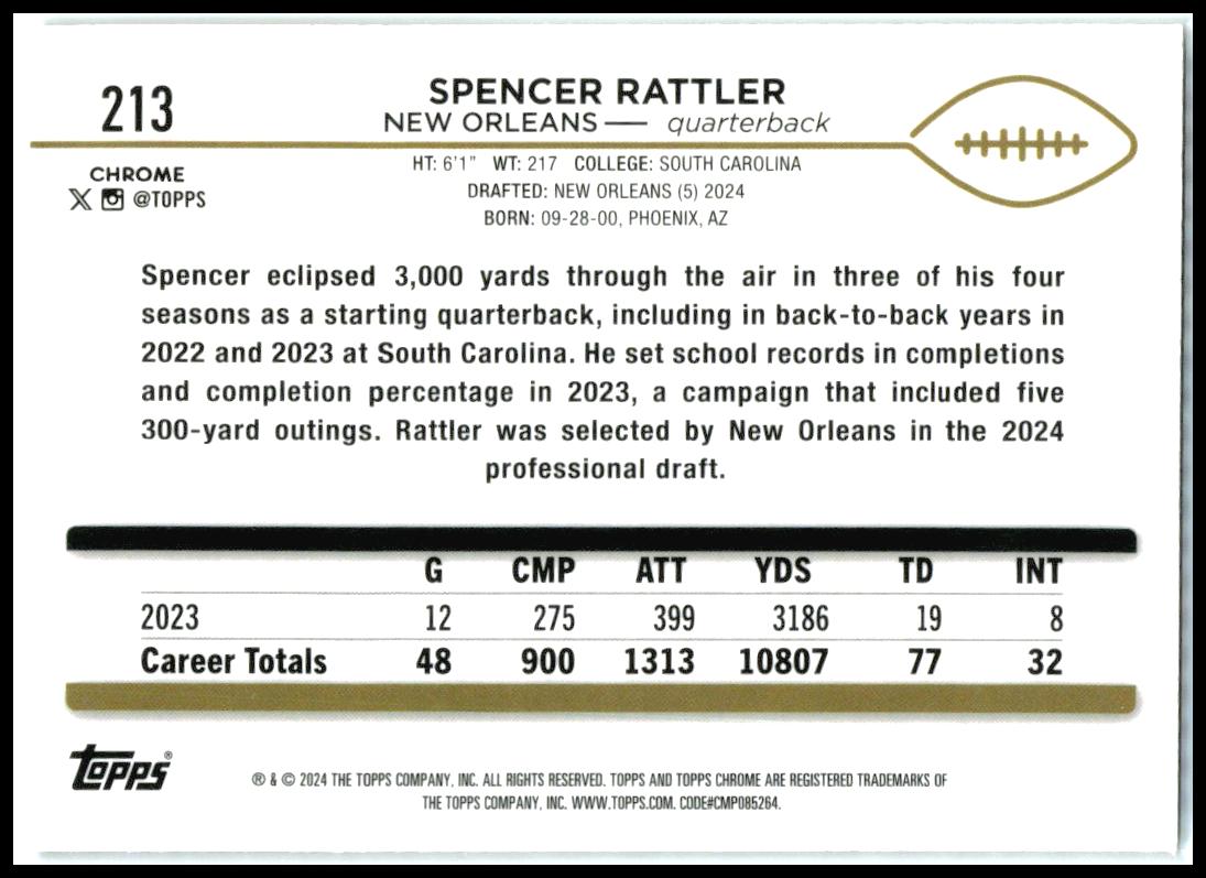 2024 Topps Chrome X-Fractor #213 Spencer Rattler RC New Orleans Saints