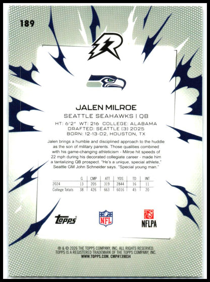 2025 Topps Resurgence Sky Blue & Pink Shock #189 Jalen Milroe RC Seattle