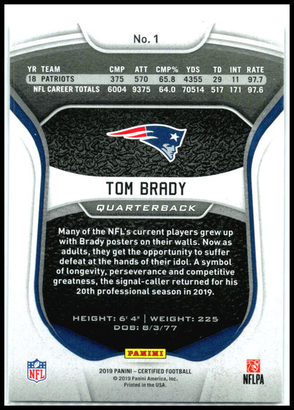 2019 Panini Certified #1 Tom Brady New England Patriots