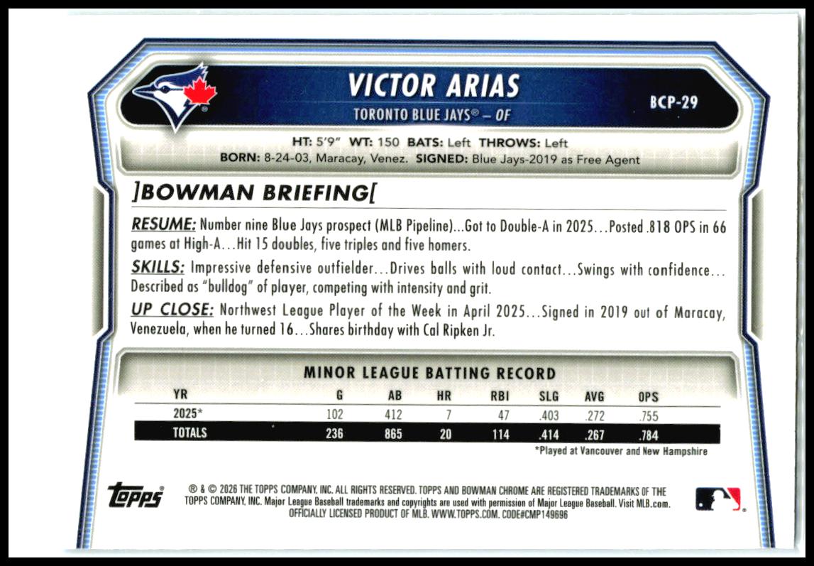 2026 Bowman Chrome Prospects Mojo Sky Blue Refractor # Victor Arias Toronto