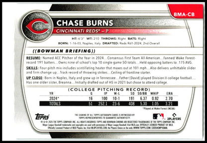 2025 Bowman Chrome Prospect Purple Auto Mojo / 199 #BMA-CB Chase Burns AU Reds