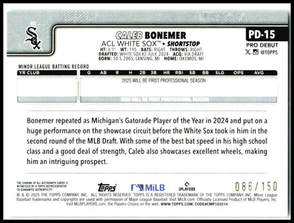 2025 Topps Pro Debut Base Autographs Blue #PD-15 Caleb Bonemer AU