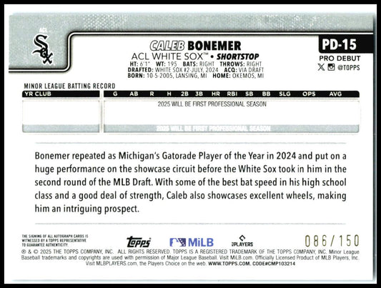 2025 Topps Pro Debut Base Autographs Blue #PD-15 Caleb Bonemer AU