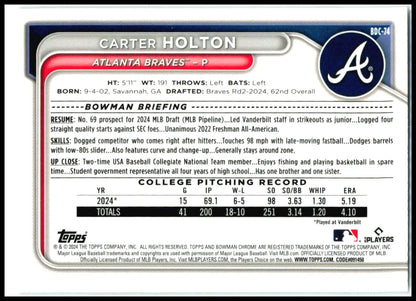 2024 Bowman Draft Chrome Mini Diamond /200 #BDC-74 Carter Holton AU Braves