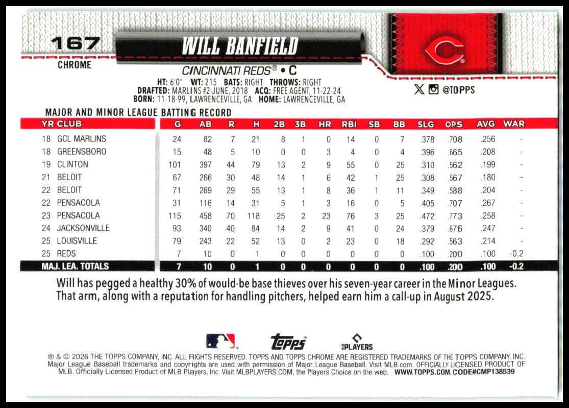 2026 Topps Chrome Green X-Fractors #167 Will Banfield RC #/99 Cincinnati Reds