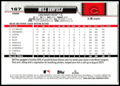 2026 Topps Chrome Green X-Fractors #167 Will Banfield RC #/99 Cincinnati Reds
