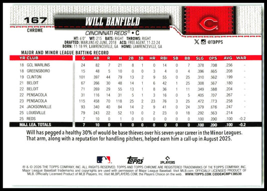 2026 Topps Chrome Green X-Fractors #167 Will Banfield RC #/99 Cincinnati Reds