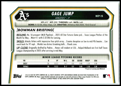 2026 Bowman Chrome Prospects Mojo Sky Blue Refractor #BCP-15 Gage Jump