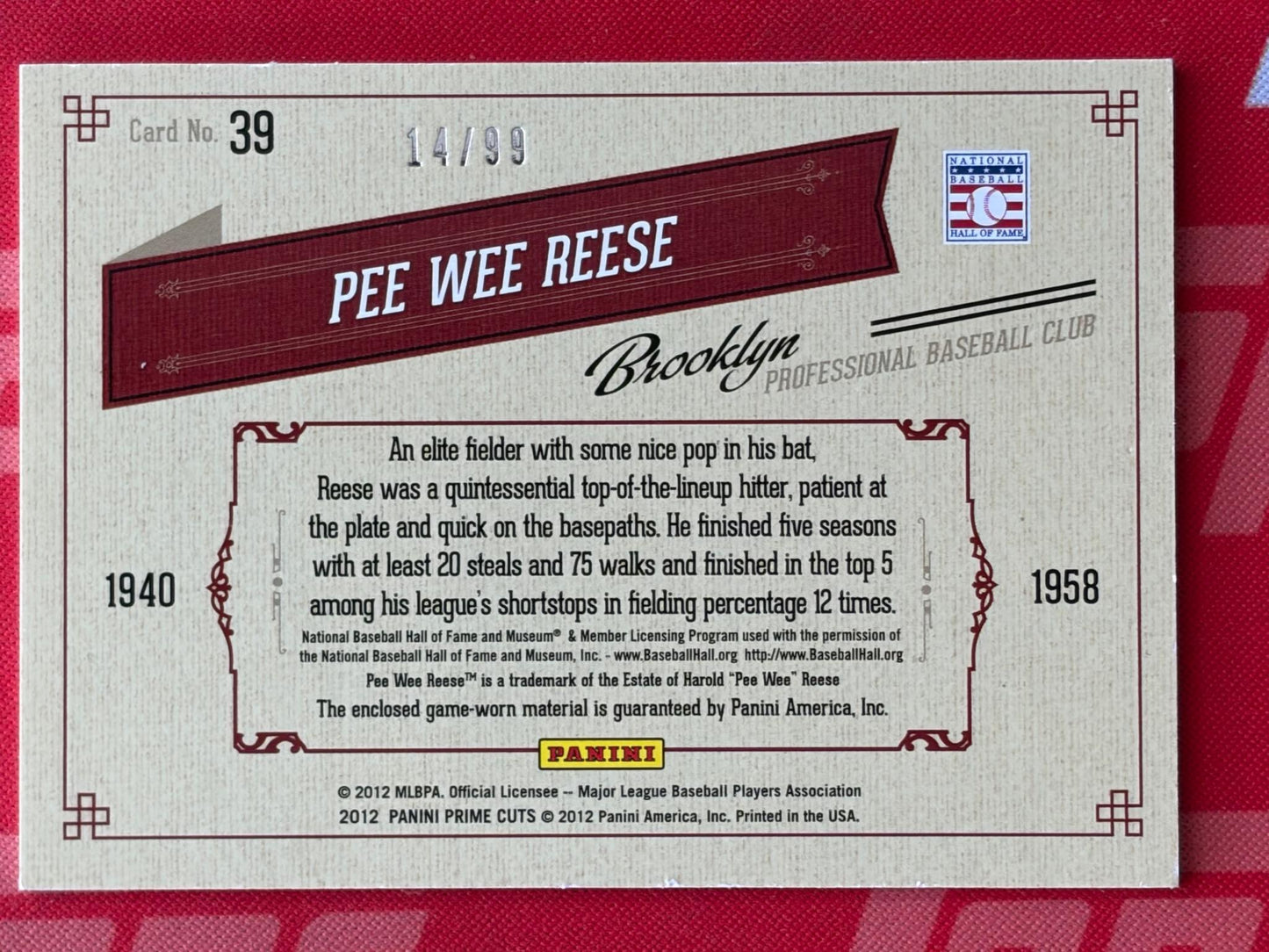 2012 Playoff Prime Cuts Timeline Memorabilia #39 Pee Wee Reese Dodgers