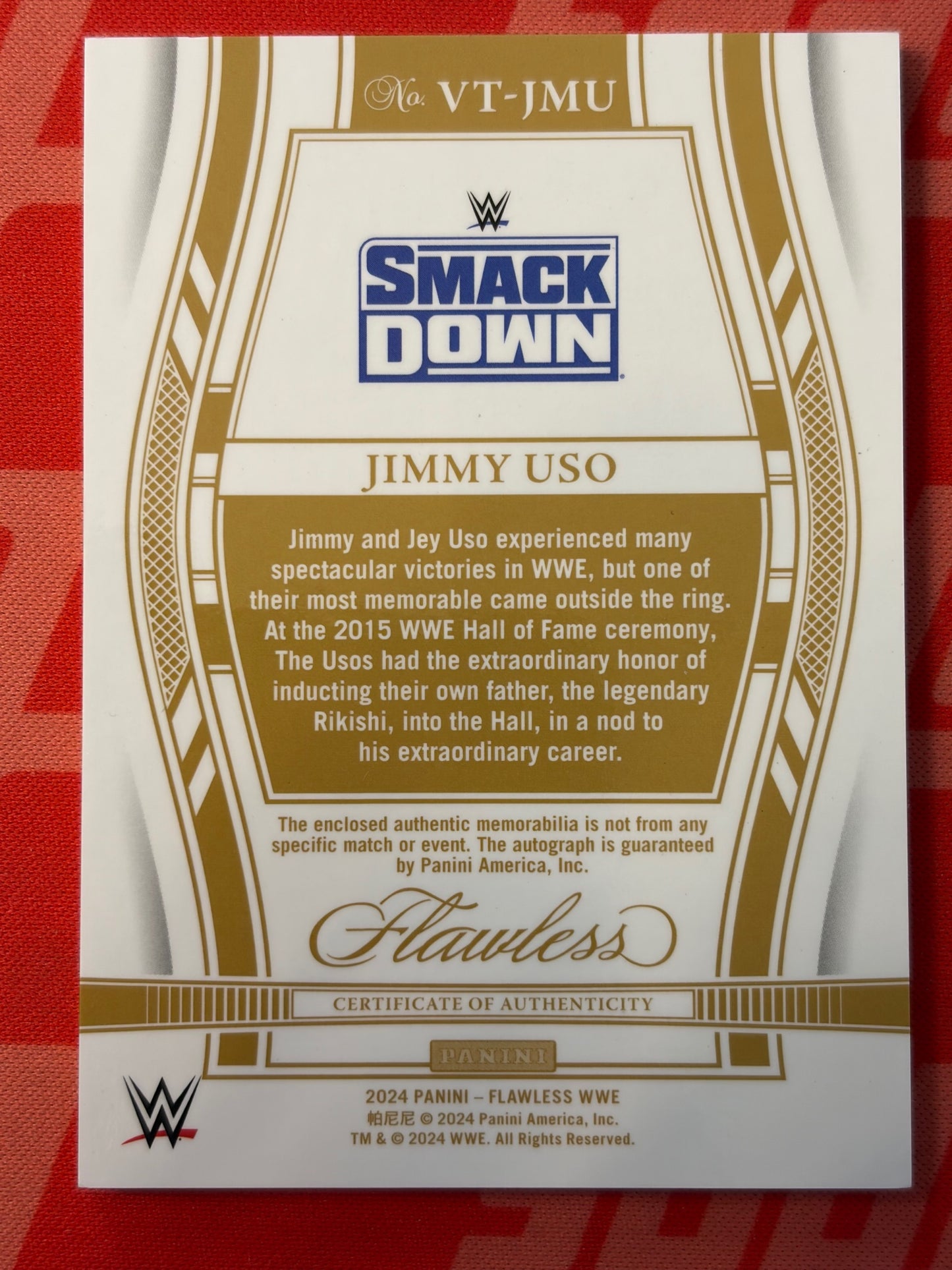 2024 Panini Flawless WWE Vertical Auto Relic Gold #/10 #VT-JMU Jimmy Uso AU