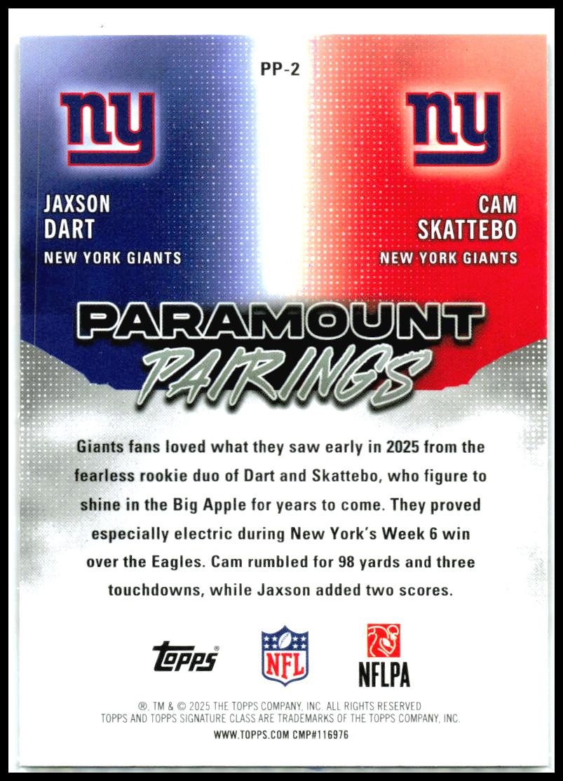 2025 Topps Signature Class Paramount Pairings #PP-2 Skattebo / Dart Giants