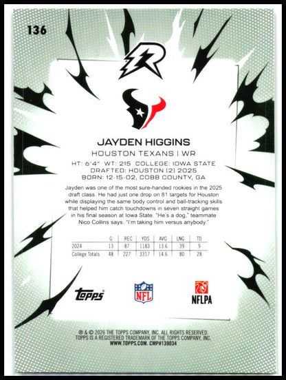 2025 Topps Resurgence Crimson Surge Refractor #136 Jayden Higgins Texans