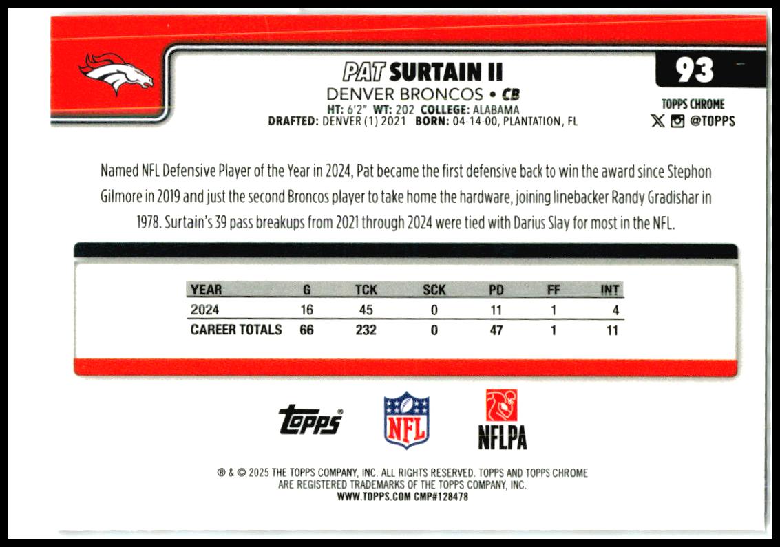 2025 Topps Chrome Team Camo Variation SSP #93 Pat Surtain II Denver Broncos