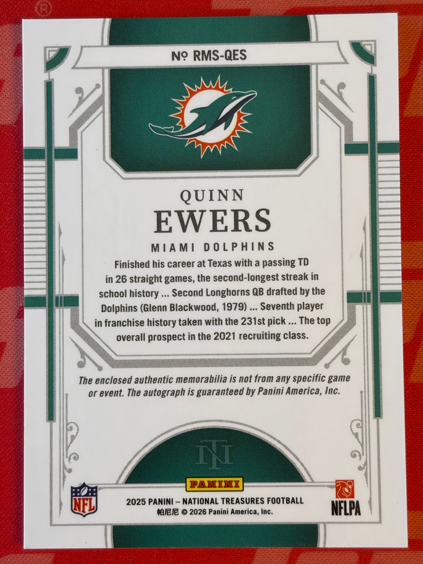 2025 National Treasures Auto Triple Patch #/25 #RMS-QES Quinn Ewers Dolphins