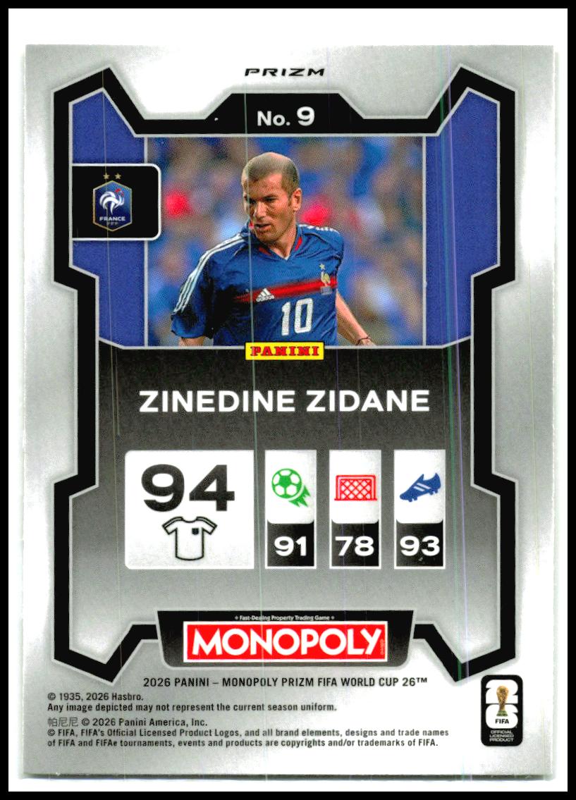 2026 Prizm Monopoly FIFA World Cup Gold Cracked Ice #9 Zinedine Zidane France