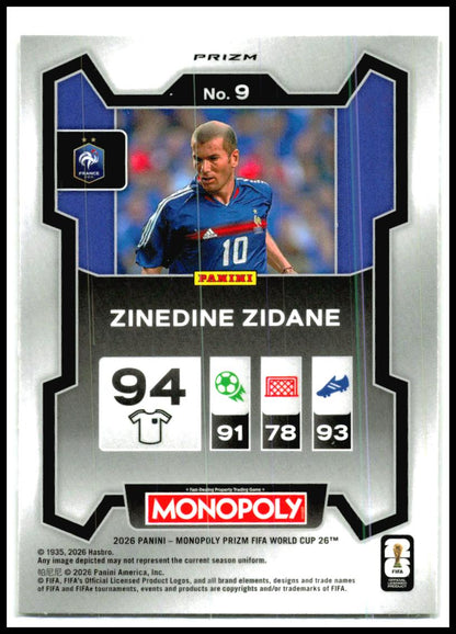 2026 Prizm Monopoly FIFA World Cup Gold Cracked Ice #9 Zinedine Zidane France