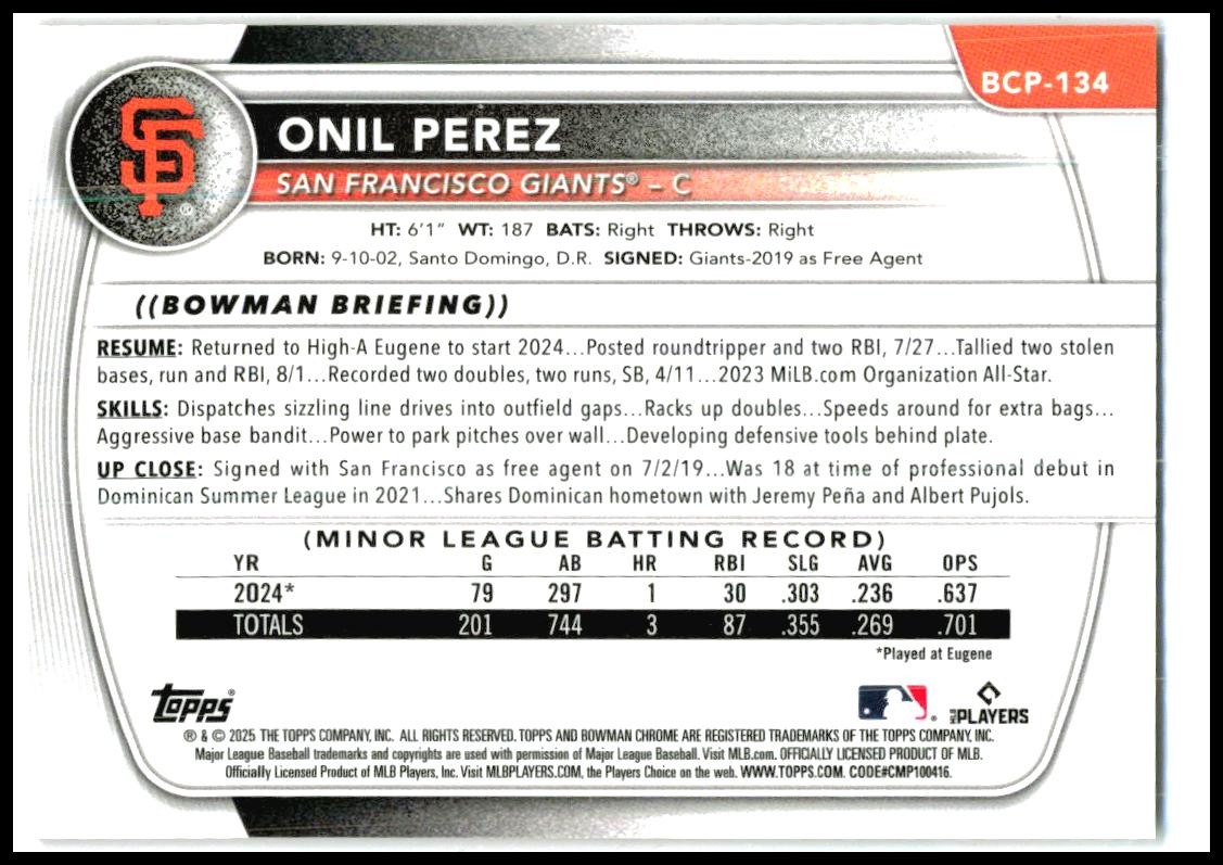 2025 Bowman Chrome Prospects Red Refractor #BCP-134 Onil Perez Giants