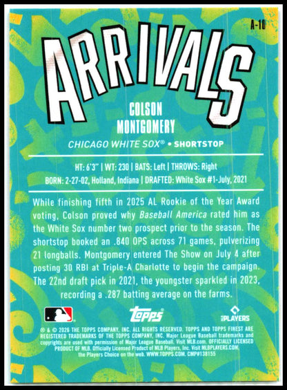 2026 Finest Arrivals #A-10 Colson Montgomery Chicago White Sox