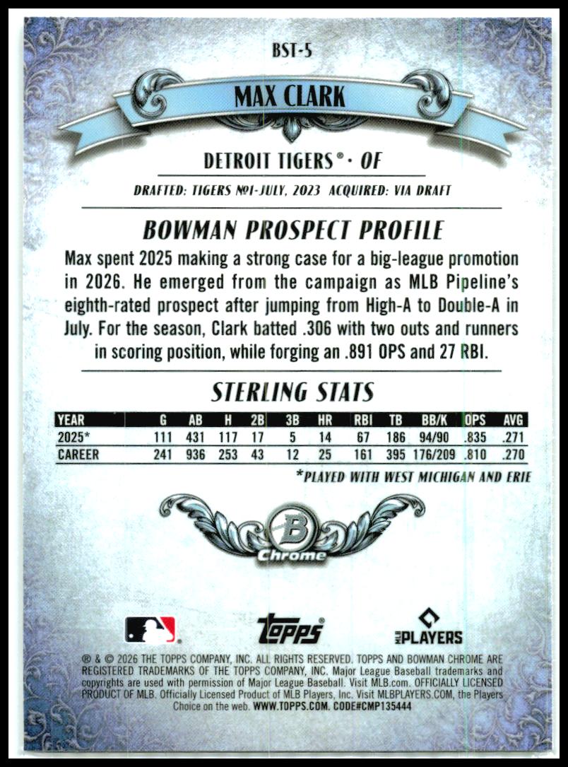 2026 Bowman Bowman Sterling #BST-5 Max Clark Detroit Tigers