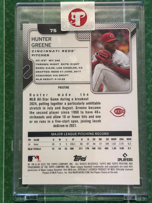 2025 Topps Pristine Orange Refractors #75 Hunter Greene #/25 Cincinnati Reds