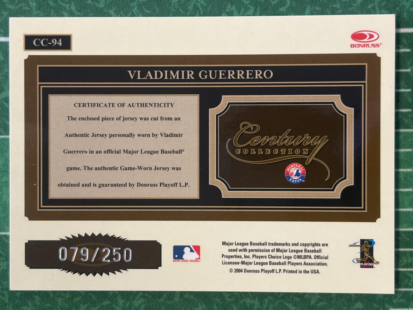2004 Donruss Throwback Threads Century Collection Material # Vladimir Guerrero