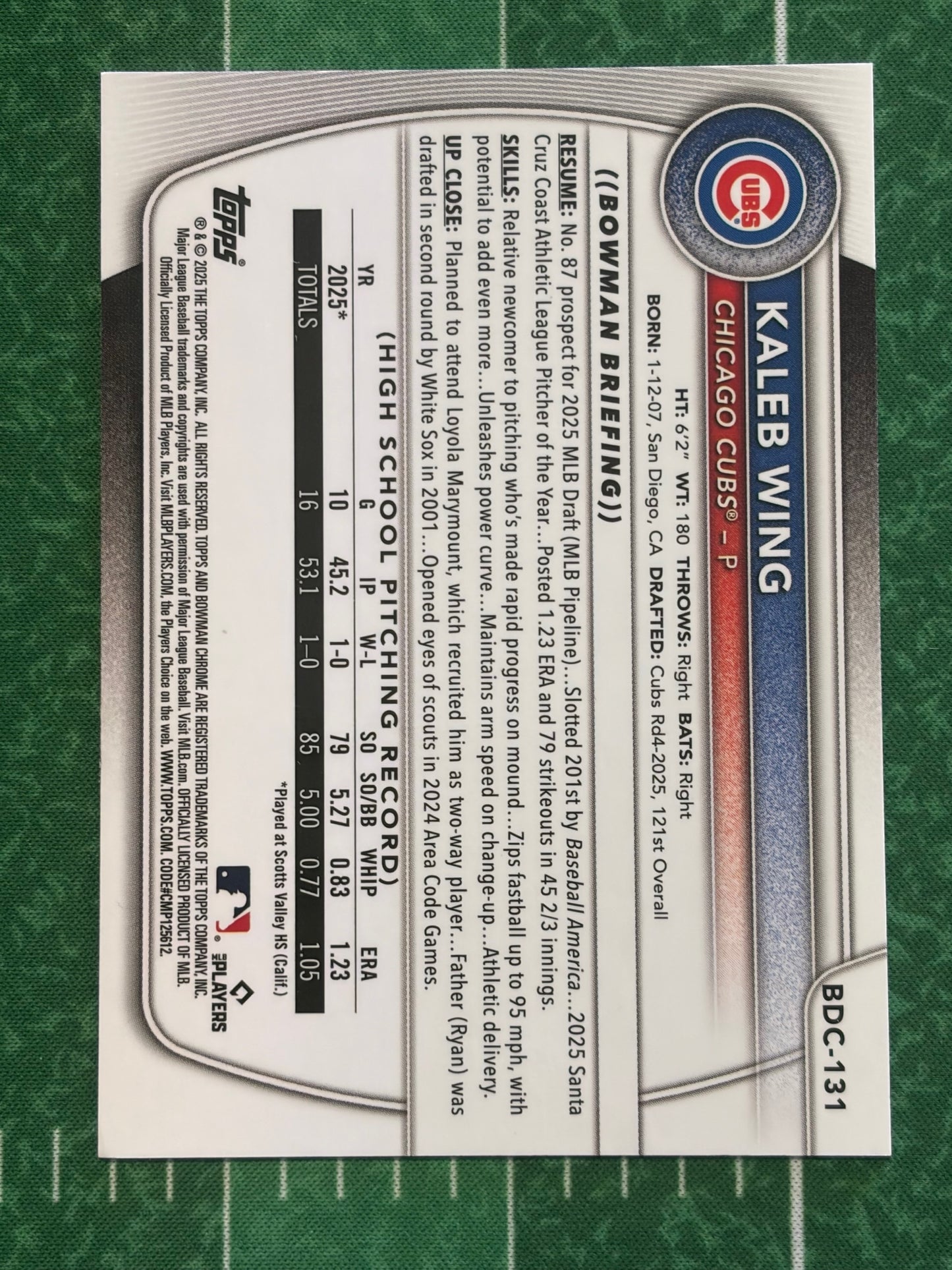 2025 Bowman Draft Chrome Green Grass Refractor #BDC-131 Kaleb Wing Cubs